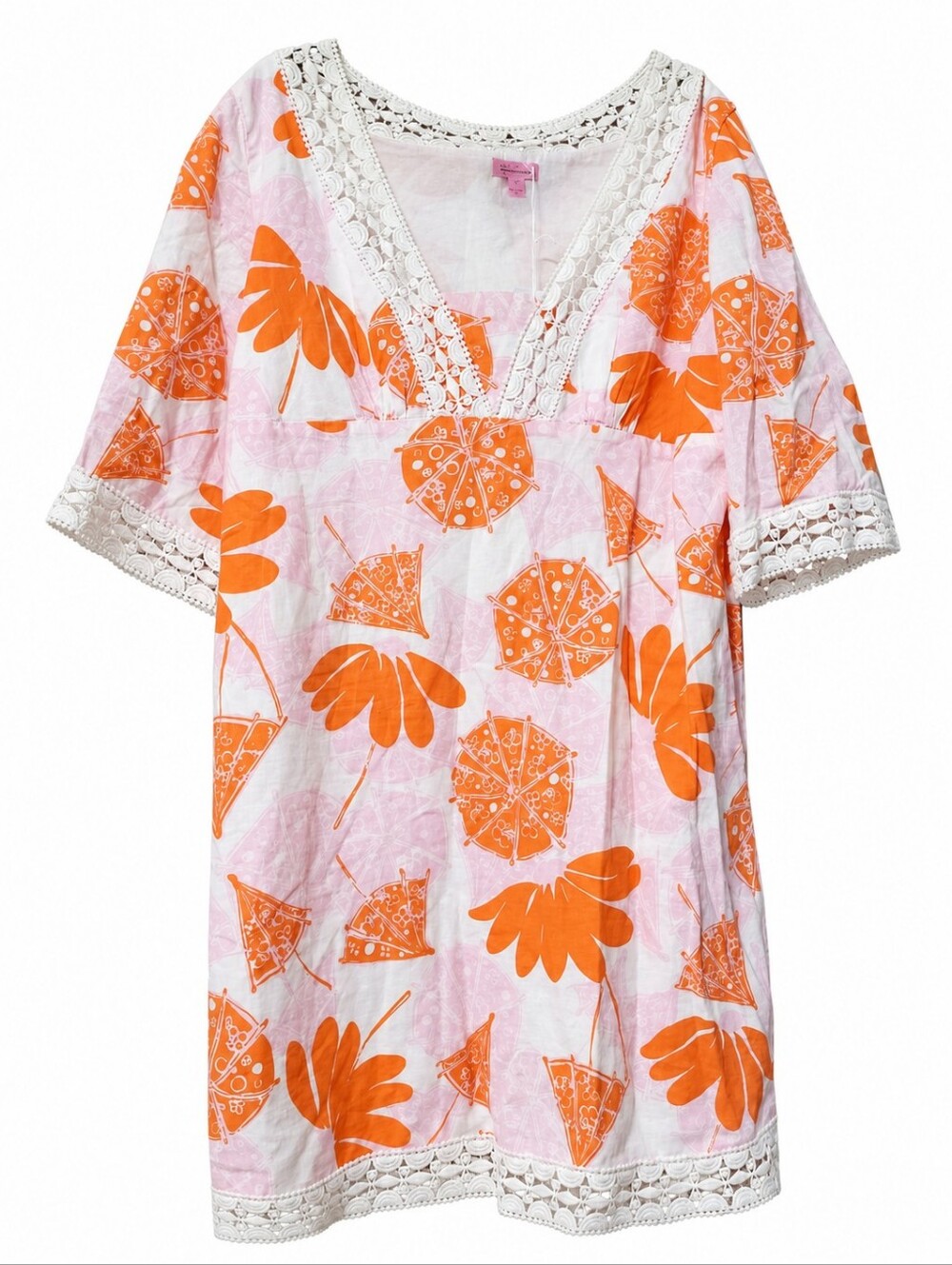 Lilly Pulitzer Sherman Tunic Shift Dress Umbrella Prt Crochet White Linen Cotton - Picture 2 of 5